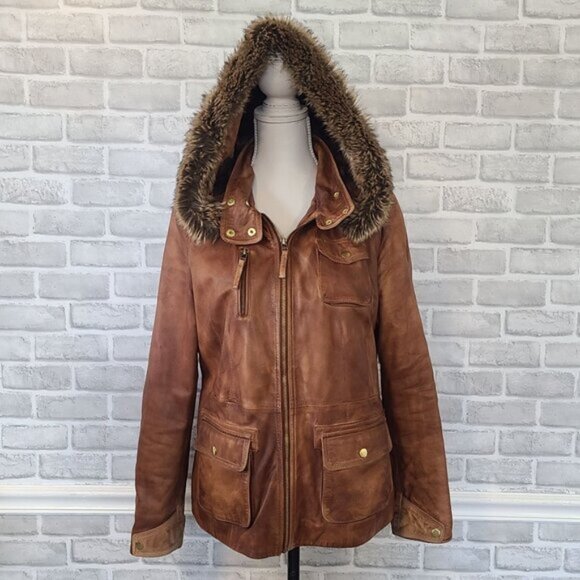 Black Rivet Brown Leather Hooded Jacket Coat Faux Fur Flannel Lined Rugged XL - Picture 1 of 9